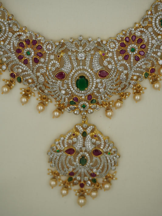 Long CZ Peacock Floral Necklace