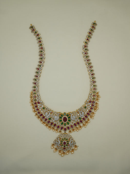 Long CZ Peacock Floral Necklace