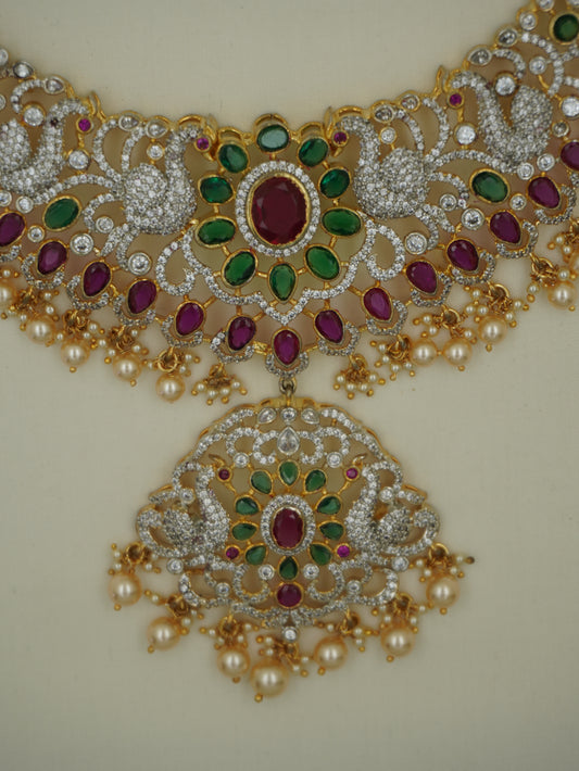 Long CZ Peacock Floral Necklace