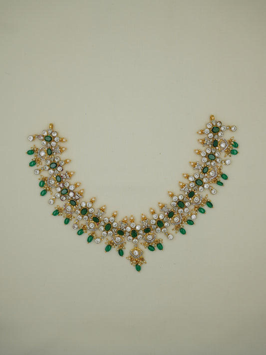 Short CZ Floral Green Stone Necklace