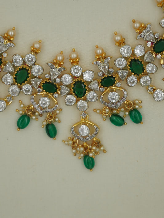 Short CZ Floral Green Stone Necklace