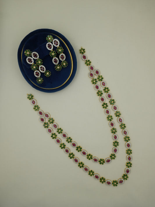 Long CZ Dual-Line Floral Necklace Set