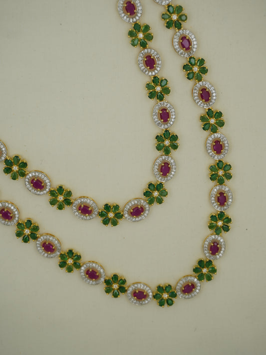 Long CZ Dual-Line Floral Necklace Set