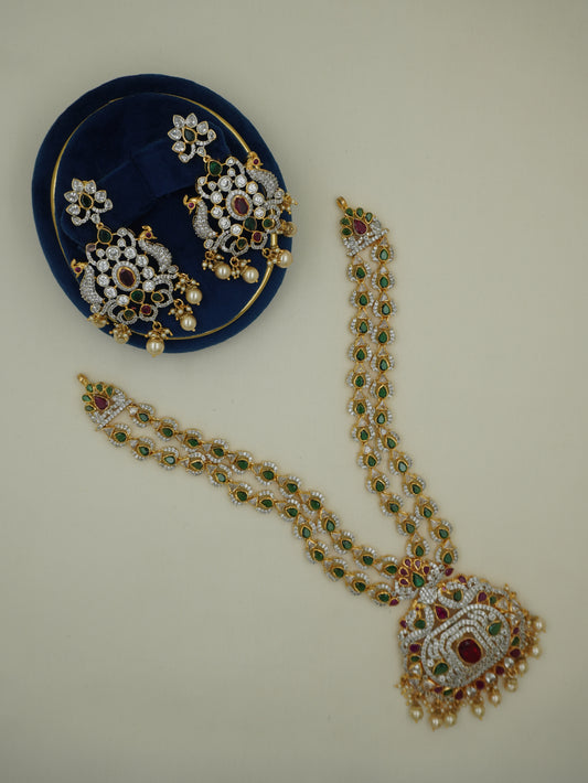 CZ Dual-Line Peacock Pendant Necklace Set