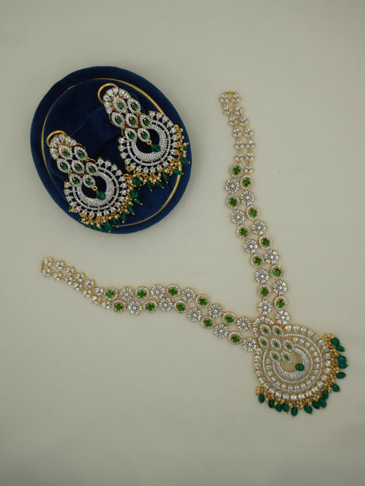 CZ Dual-Line Floral Green Stone Necklace Set