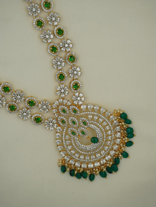 CZ Dual-Line Floral Green Stone Necklace Set