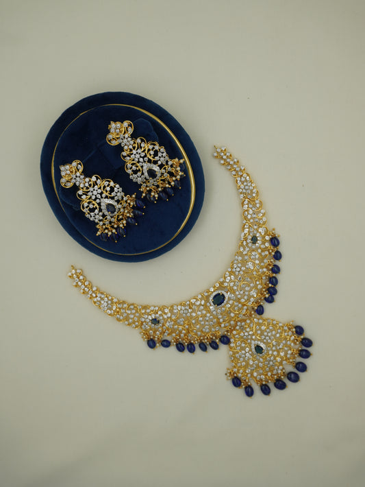 CZ Short Floral Blue Stone Necklace Set