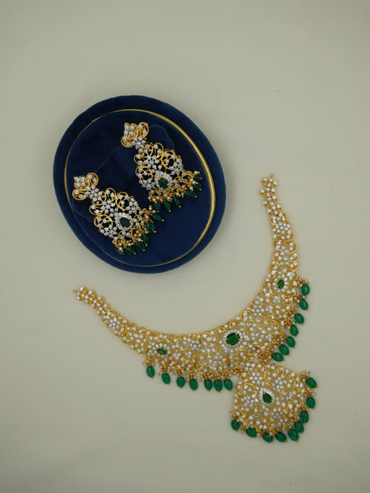 CZ Short Floral Green Stone Necklace Set