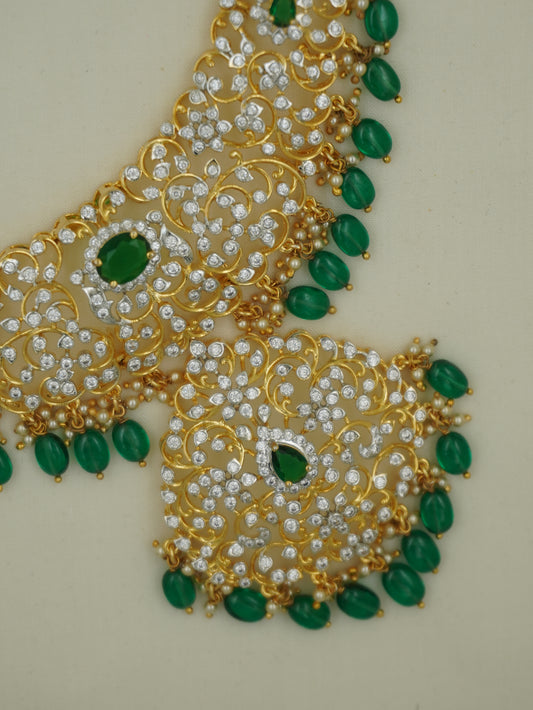 CZ Short Floral Green Stone Necklace Set